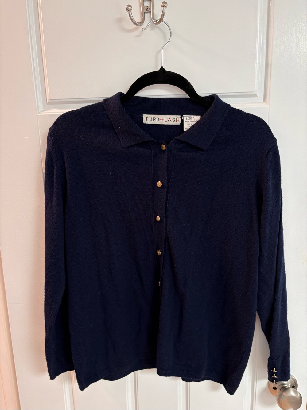 Women's Navy Button-Up Collared Cardigan Sweater